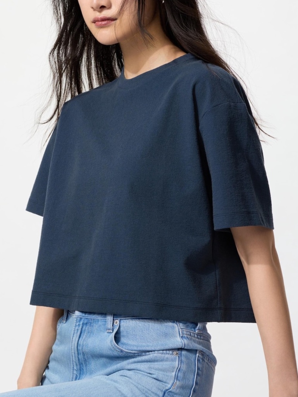Uniqlo Cropped Boxy Crewneck Textured Jersey T-Shirt - Navy Blue